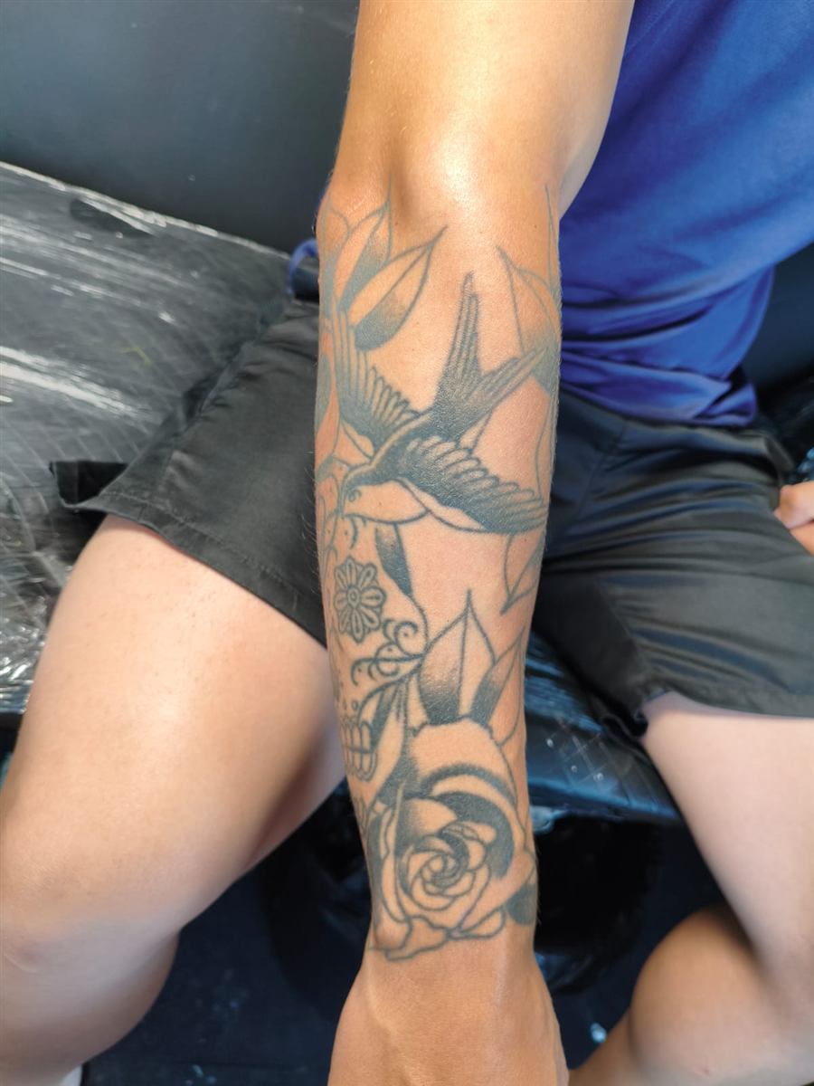 Antebraço antes da cobertura, tatuagem antiga de andorinha e rosa
