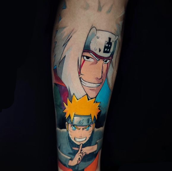Naruto e Jiraiya em anime colorido na perna