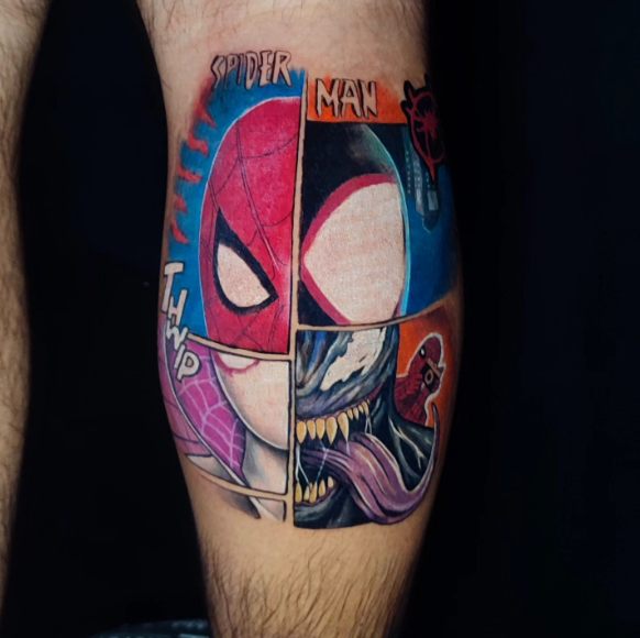 Spider-Man e Venom em estilo HQ colorido na perna