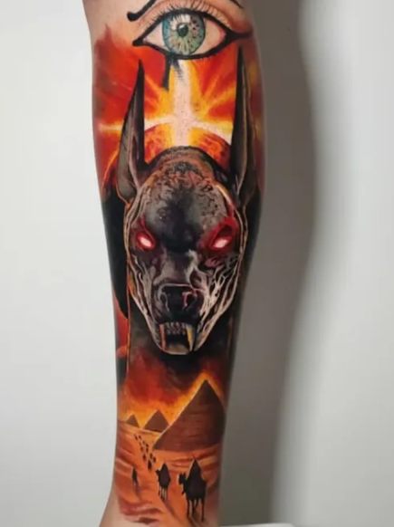 Anubis com pirâmides em realismo colorido, tatuagem na panturrilha