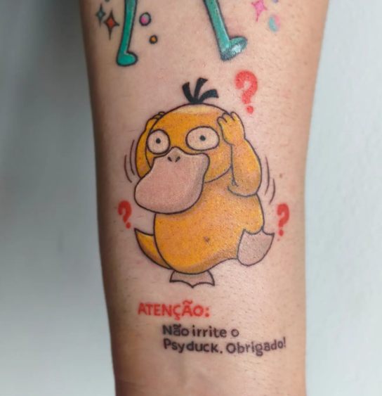 Psyduck em fine line colorido na perna
