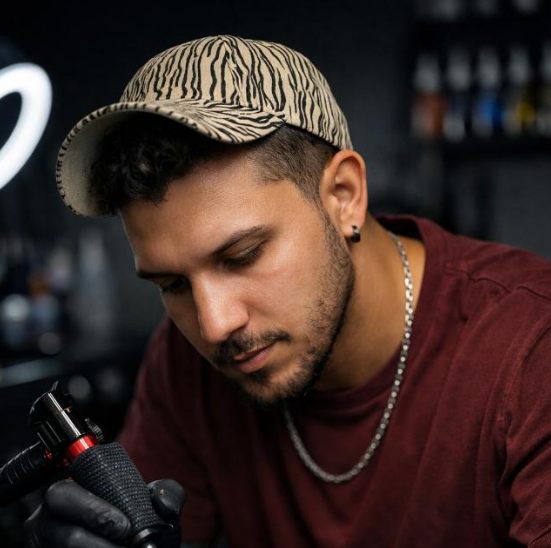 Retrato do tatuador Rafa durante uma sessão no Estúdio da Debby